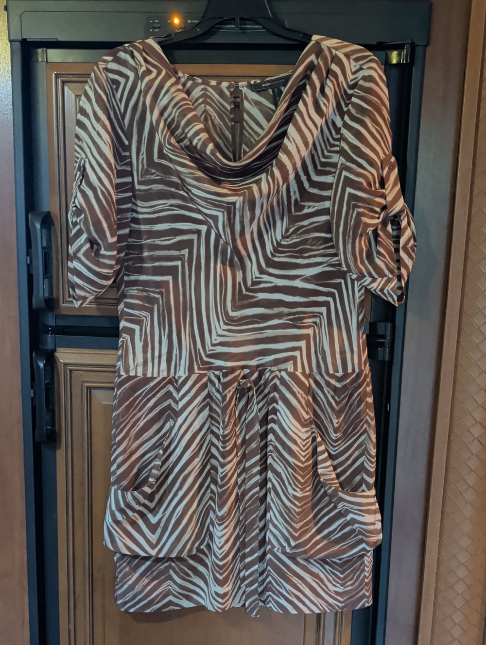 BCBGMaxAzria Brown and Cream Zebra-Print Cowl-Neck Silk Midi Dress